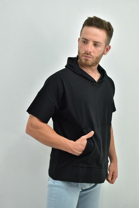ZİDAN 333 KAPŞONLU DÜŞÜK KOL KANGURU CEP OVERSIZE T-SHIRT - 9
