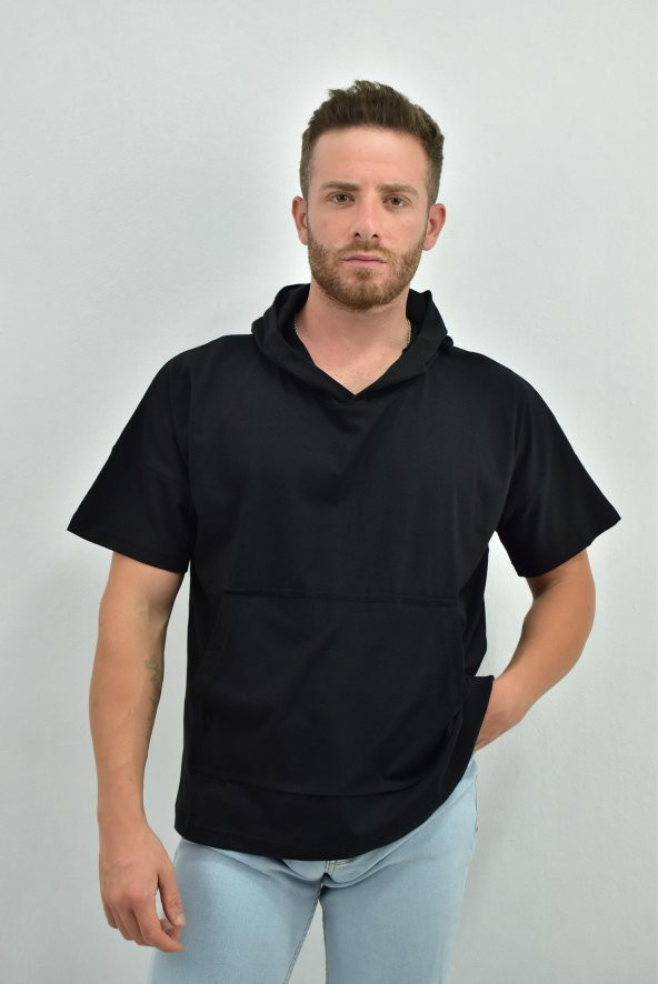 ZİDAN 333 KAPŞONLU DÜŞÜK KOL KANGURU CEP OVERSIZE T-SHIRT - 7