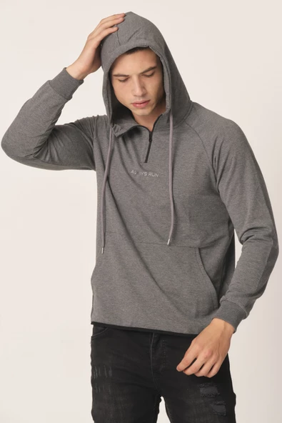 Erkek Örme Yarım Fermuarlı Kapşönlu Sweatshirt - 4