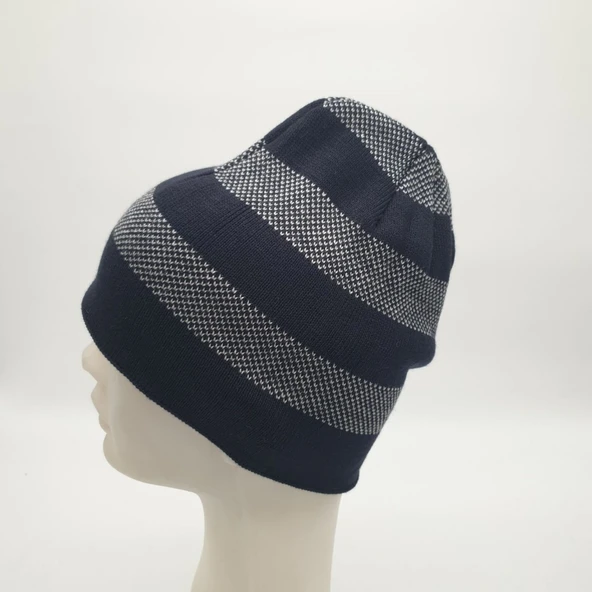 Beyaz Çizgili Lacivert Renk Erkek Bere - 11