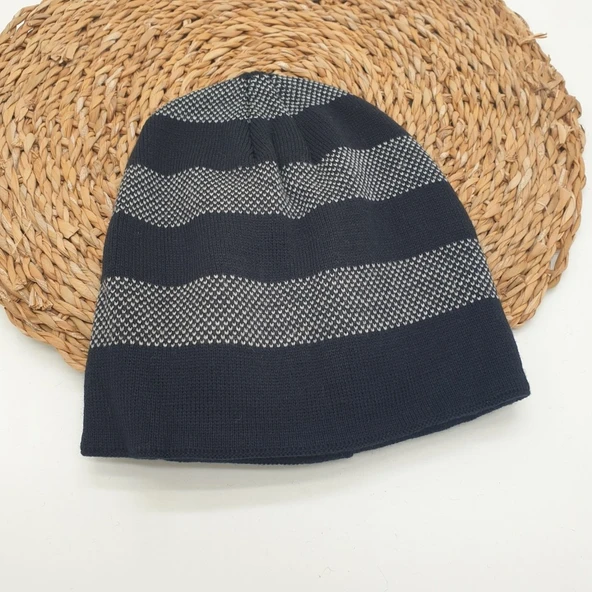 Beyaz Çizgili Lacivert Renk Erkek Bere - 10