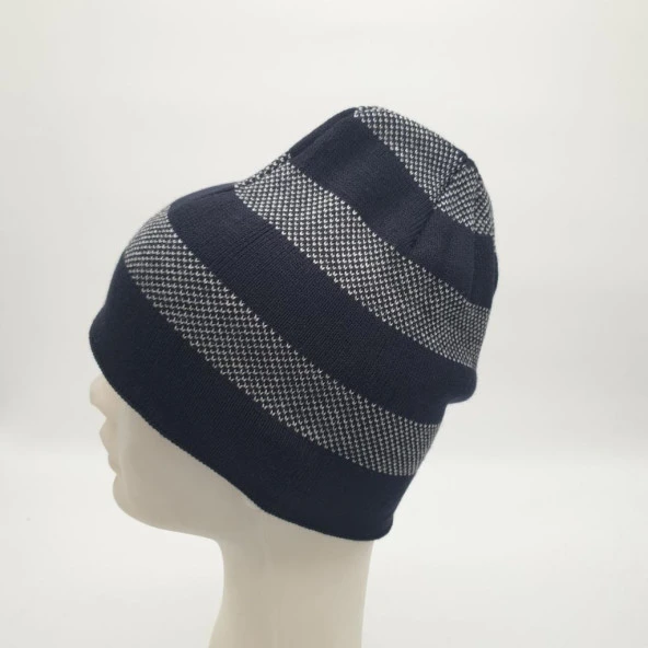 Beyaz Çizgili Lacivert Renk Erkek Bere - 2