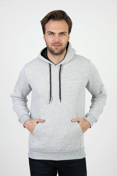 Erkek Kalın Kapüşonlu Basic Sweatshirt - 7