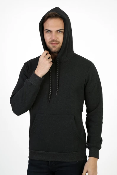 Erkek Kalın Kapüşonlu Basic Sweatshirt - 2