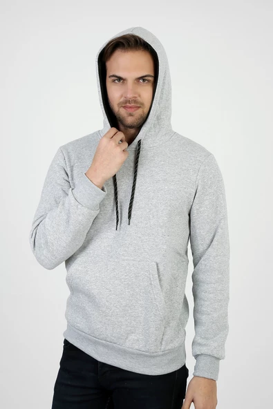 Erkek Kalın Kapüşonlu Basic Sweatshirt - 8