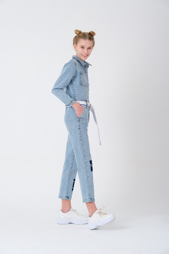 Mavi Kız Çocuk Denim Jean Kot Tulum 9-14 Yaş T1899 - 4