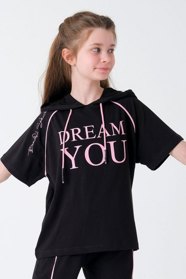 Kız Çocuk Kapüşonlu Baskılı T-Shirt Hn1