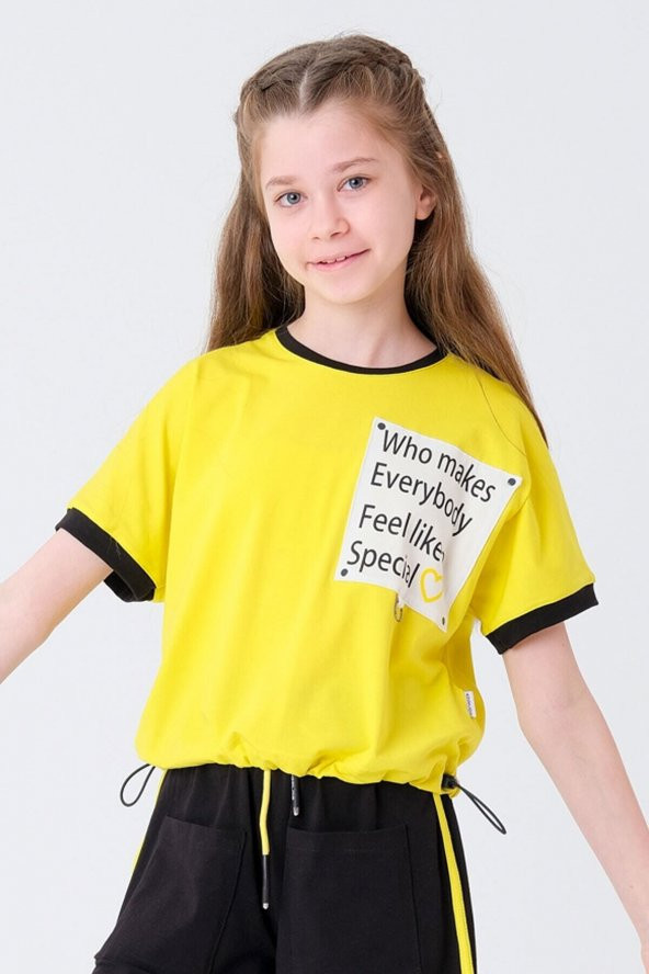 Kız Çocuk Beli Ayarlanabilir Garnili T-Shirt 8-14 Yaş