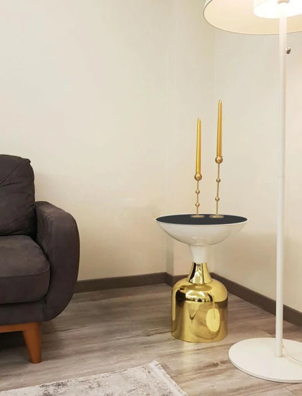 Olympos Dekoratif Parlak Beyaz Kısa Model Gold Sehpa 50 cm