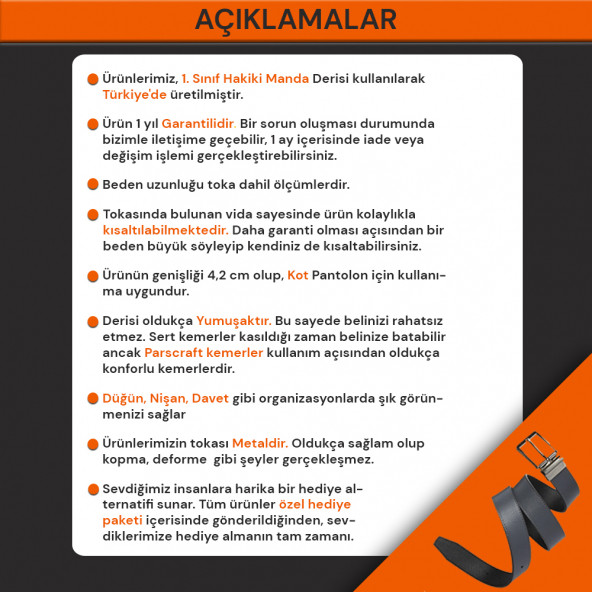 Parscraft Hakiki Manda Derisi Siyah Erkek Kemer 45 Cm Kot Pantolon Spor Kemer - 5