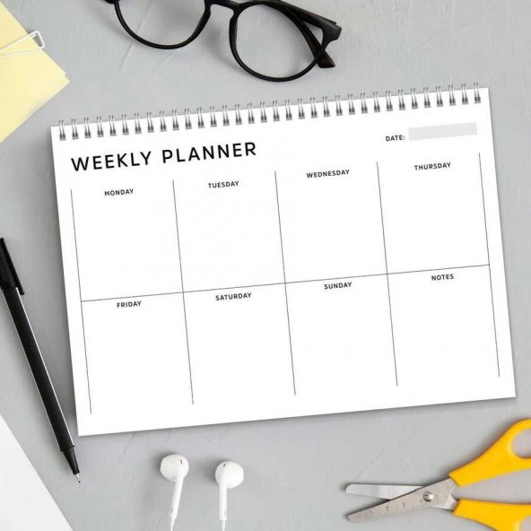 Haftalık Planlama Spiralli Not Defteri Simple Weekly Planner Gri