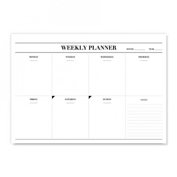 A4 Boy Haftalık Planlayıcı (Sümen) - Siyah Beyaz Tasarım - 2