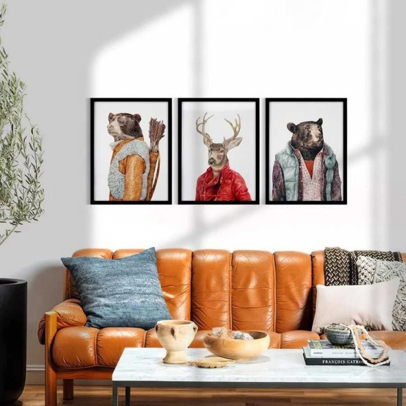 3lü Poster Çerçeve- Ayılar ve Geyik