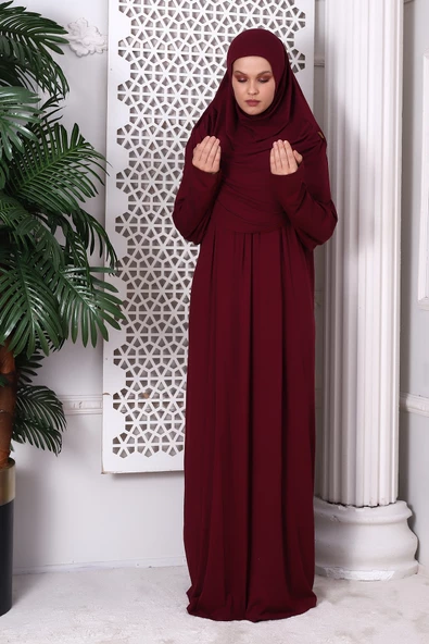 Tek Parça Pratik Başörtülü Robalı Namaz Elbisesi 8015 Bordo - 4