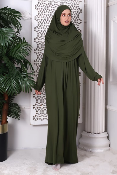 Tek Parça Pratik Başörtülü Robalı Namaz Elbisesi 8015 Haki - 2