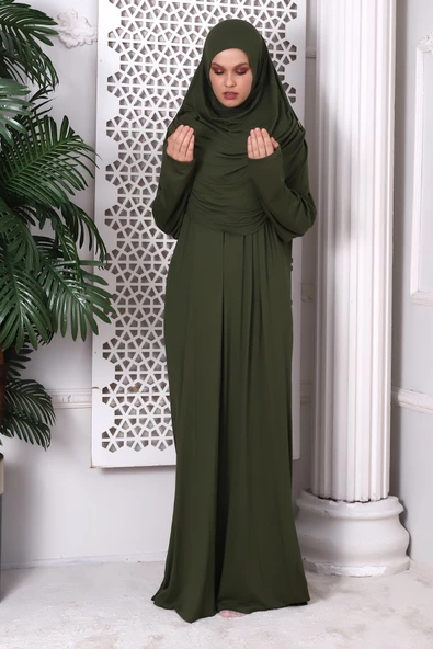 Tek Parça Pratik Başörtülü Robalı Namaz Elbisesi 8015 Haki - 4