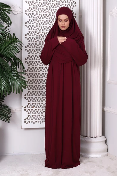 Tek Parça Pratik Başörtülü Robalı Namaz Elbisesi 8015 Bordo - 3