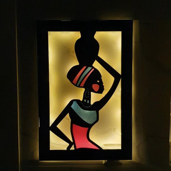 Veraart Epoksili Ahşap Testili Afrikalı Kadın Figürlü Duvar Dekorlu Gece Lambası