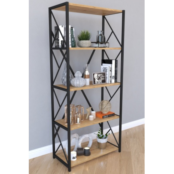 5 Raflı Metal Kitaplık Modern Kitaplık Ofis Rafı Çok Amaçlı Metal Raf - Meşe - 3