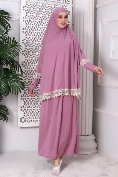 İki Parça Fistolu Pratik Alt Üst Namaz Elbisesi 8018 Pembe - 2