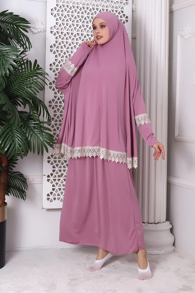 İki Parça Fistolu Pratik Alt Üst Namaz Elbisesi 8018 Pembe - 3