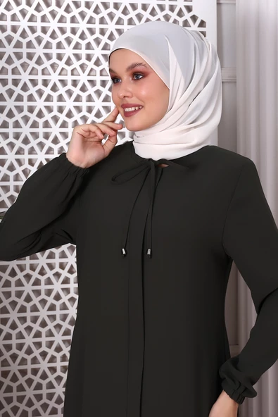 Düz Haki Boyundan Bağcıklı Ferace 9229-22 - 6