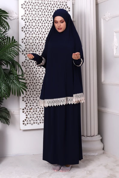 İki Parça Fistolu Pratik Alt Üst Namaz Elbisesi 8018 Lacivert - 5