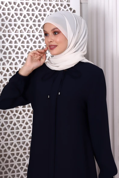 Düz Koyu Lacivert Boynundan Bağcıklı Petek Kumaş Ferace 9229-22 - 6