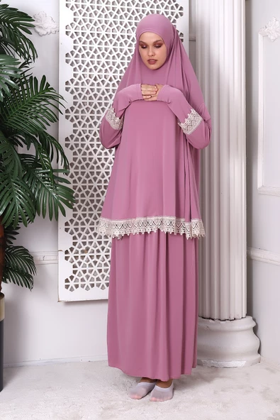 İki Parça Fistolu Pratik Alt Üst Namaz Elbisesi 8018 Pembe - 4