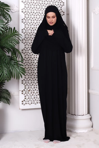 Tek Parça Pratik Başörtülü Robalı Namaz Elbisesi 8015 Siyah - 2