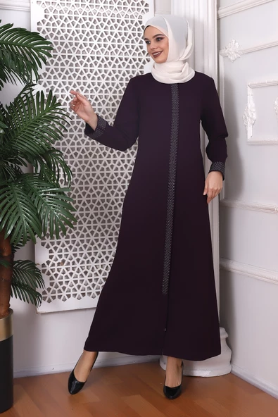 Balık Sırtı Taşlı Mürdüm Ferace 9378-22