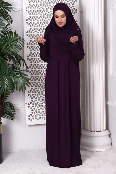 Tek Parça Pratik Başörtülü Robalı Namaz Elbisesi 8015 Mürdüm - 4