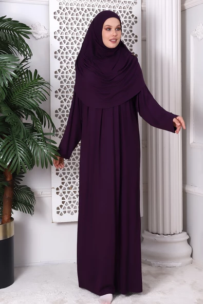 Tek Parça Pratik Başörtülü Robalı Namaz Elbisesi 8015 Mürdüm