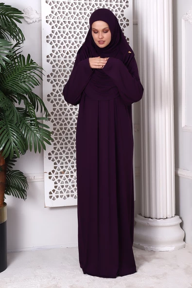 Tek Parça Pratik Başörtülü Robalı Namaz Elbisesi 8015 Mürdüm - 3
