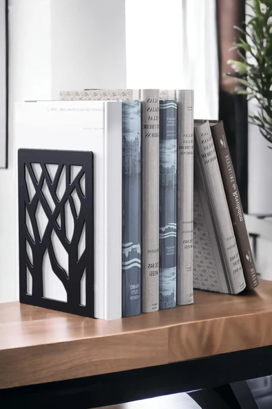 Ağaç Desenli Metal Kitap Desteği - Kitap Tutucu - Ev ve Ofis Dekoratif Aksesuar( 2 Li Set) Siyah - 2