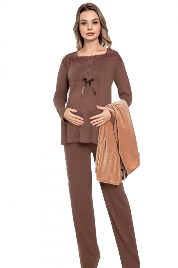 Kadın Kadife Sabahlıklı Kahverengi JNK-51220 3 lü Lohusa - Hamile Pijama Takımı