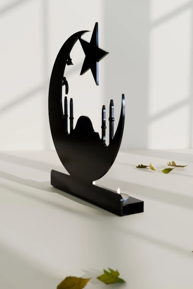 RİSİNGMABER Dekoratif Hilal&Yıldız Cami Tasarımlı Metal Mumluk Şamdan - 3