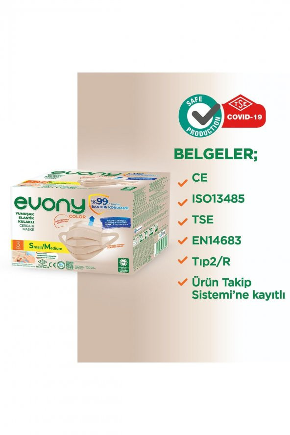 EVONY COLOR BEJ YUMUŞAK ELASTİK KULAKLI MASKE 50 ADET - 7