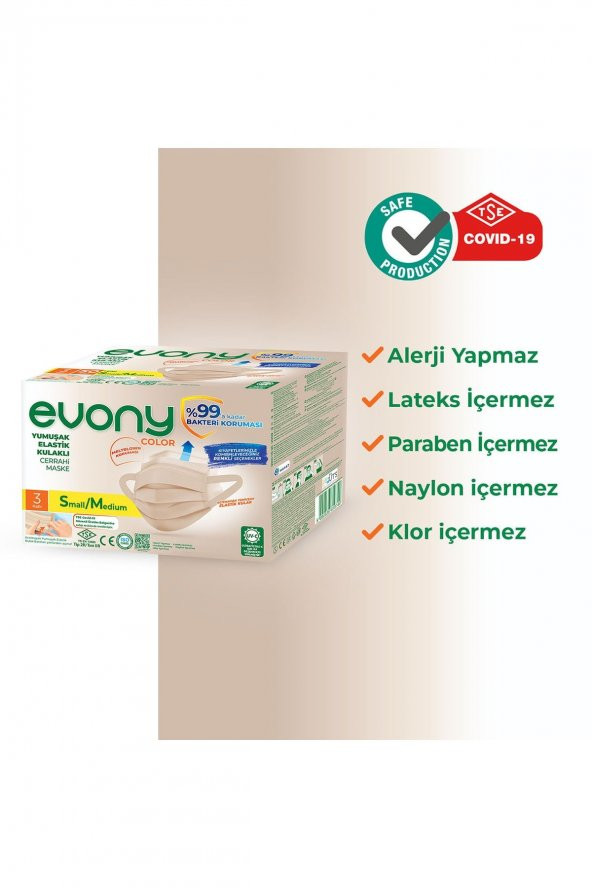 EVONY COLOR BEJ YUMUŞAK ELASTİK KULAKLI MASKE 50 ADET - 8