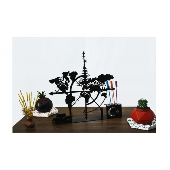 RİSİNGMABER Dekoratif Metal Siyah Pusula Dünya Haritası Biblo (Kart ve Kalemlikli) 33x36 - 2