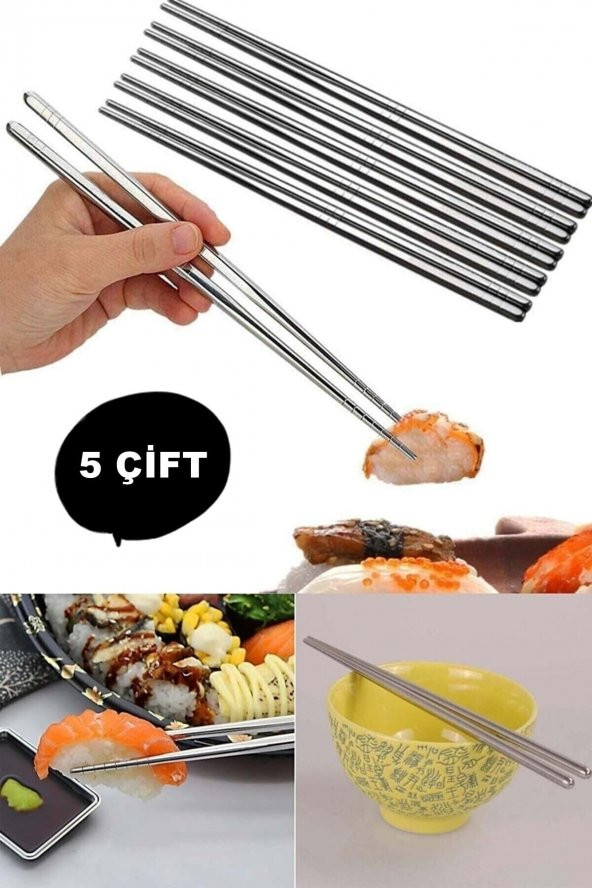 Metal Chopstick 5 Çift  Paslanmaz Çelik Çin Çubuğu Yemek Çubukları 5 Çift