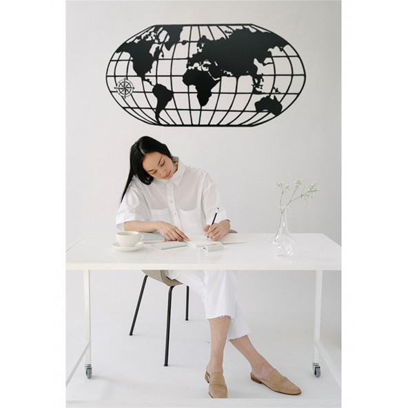 RİSİNGMABER Dekoratif Metal Siyah Elips Dünya Haritası Duvar Tablosu 100x50 - 3