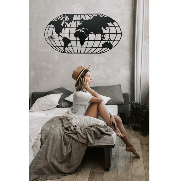 RİSİNGMABER Dekoratif Metal Siyah Elips Dünya Haritası Duvar Tablosu 100x50 - 5
