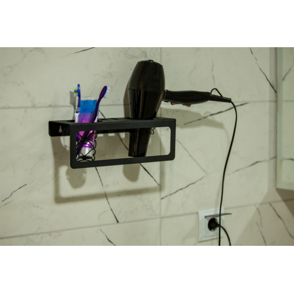 RİSİNGMABER Dekoratif Mat Siyah Metal Diş Fırçası&Saç Kurutma Makinesi Ve Havlu Askılığı Çok Amaçlı - 2