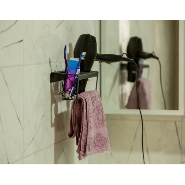 RİSİNGMABER Dekoratif Mat Siyah Metal Diş Fırçası&Saç Kurutma Makinesi Ve Havlu Askılığı Çok Amaçlı - 6