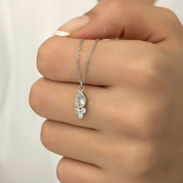 925 Ayar Gümüş Çiğ Damlası Tektaş Kadın Gümüş Kolye - 4