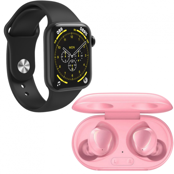 Galaxy Buds+ Pembe Bluetooth Kulaklık HW18 Siyah Silikon Ve Hasır Kordonlu Akıllı Saat Samsung