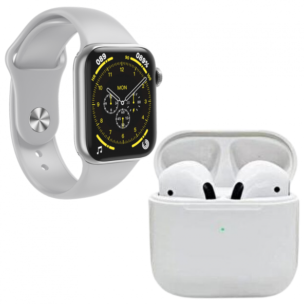 Pro 5 Beyaz Bluetooth Kulaklık HW18 Smartwatch Gri Silikon Ve Hasır Kordonlu Akıllı Saat
