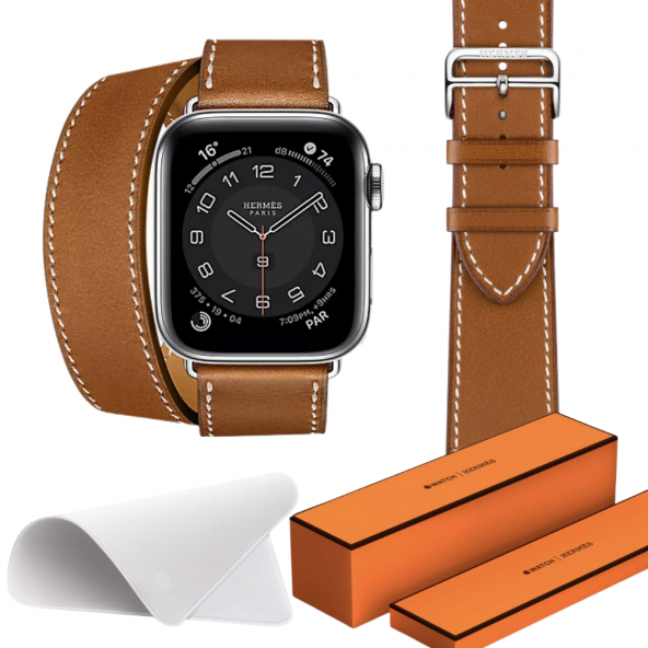 Watch Hermes 44MM Akıllı Saat Kahverengi Çift Kordon Temizleme Bezi Hediyeli Set