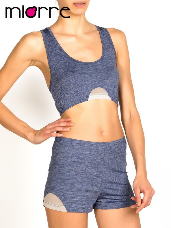 Melanj Tül Detaylı Sırtı Çapraz Askılı Spor Şortlu Büstiyer Takım - Resim 2